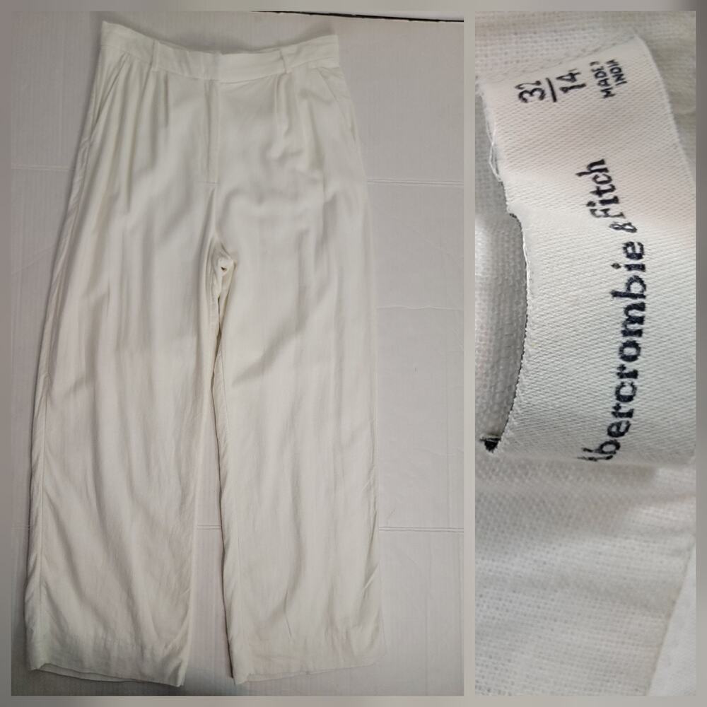 Abercrombie Trouser Pants Womens SZ 14 Straight Wide Leg Linen White High Rise